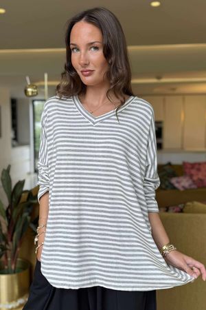 Made in Italy Perfect Breton V Long Sleeve Top Light Grey - ** 